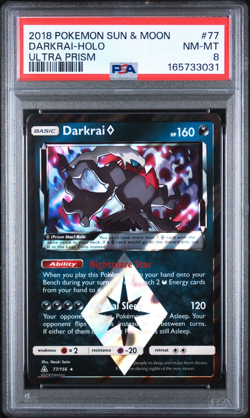 Darkrai Prism Star Holo 77/156 2018 Ultra Prism PSA 8 - READ DESC. - Sun & Moon