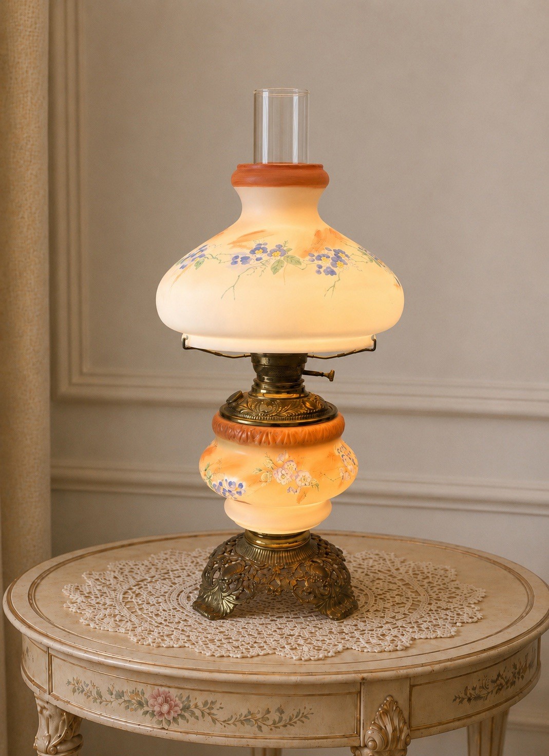 Vtg Hand Painted Floral Gone With The Wind Hurricane 3 Way Lamp Signed By Artist