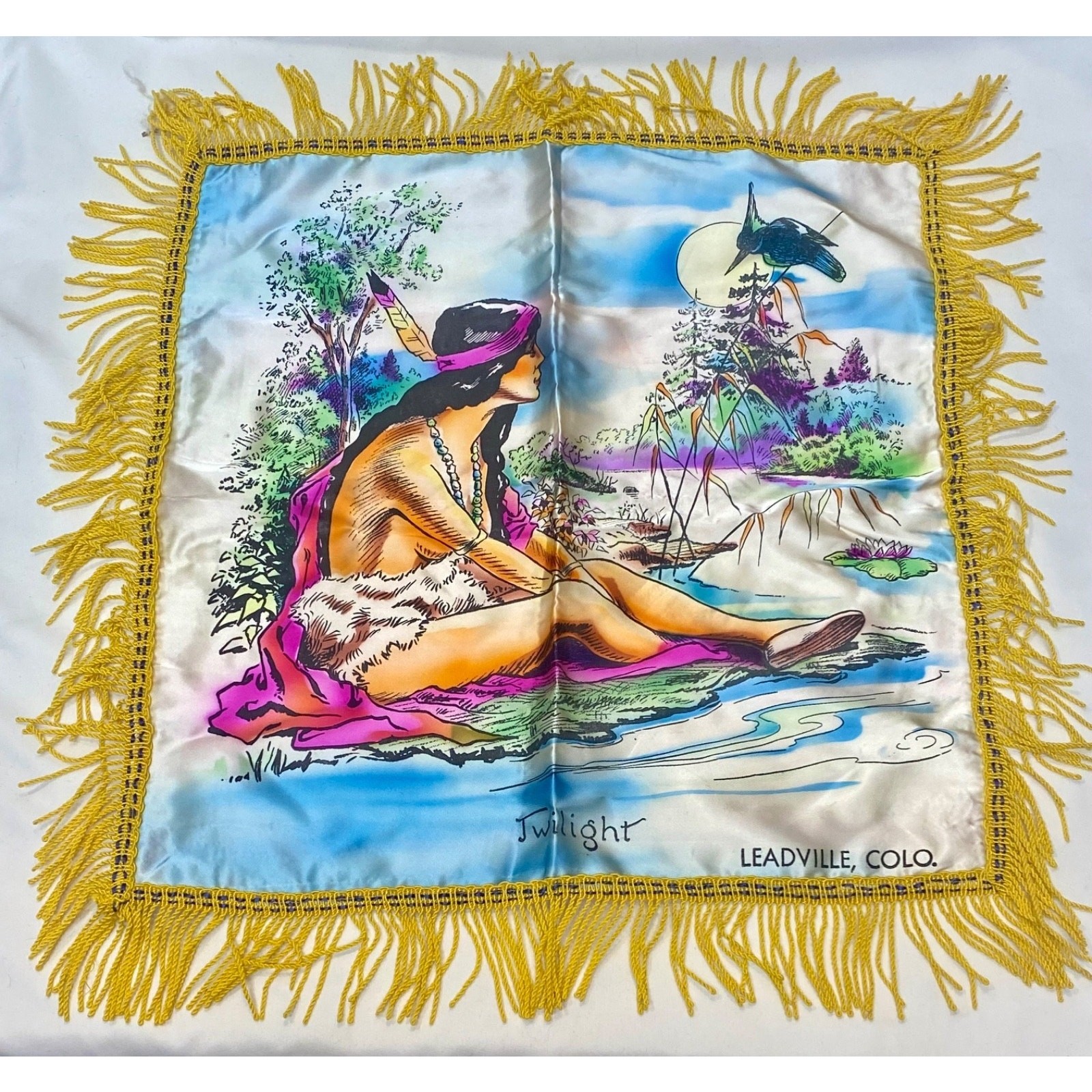 C1910 Souvenir Pillow Native American Woman Satin with Fringe Leadville Colorado