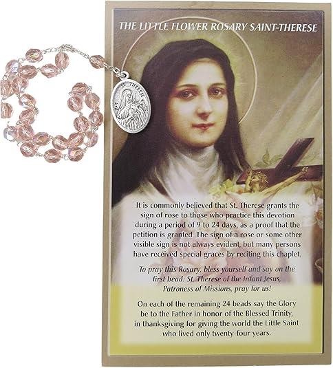 Saint Therese Chaplet Set, Pink Beads, Prayer Card & Medal, Pocket Rosary, 5.75