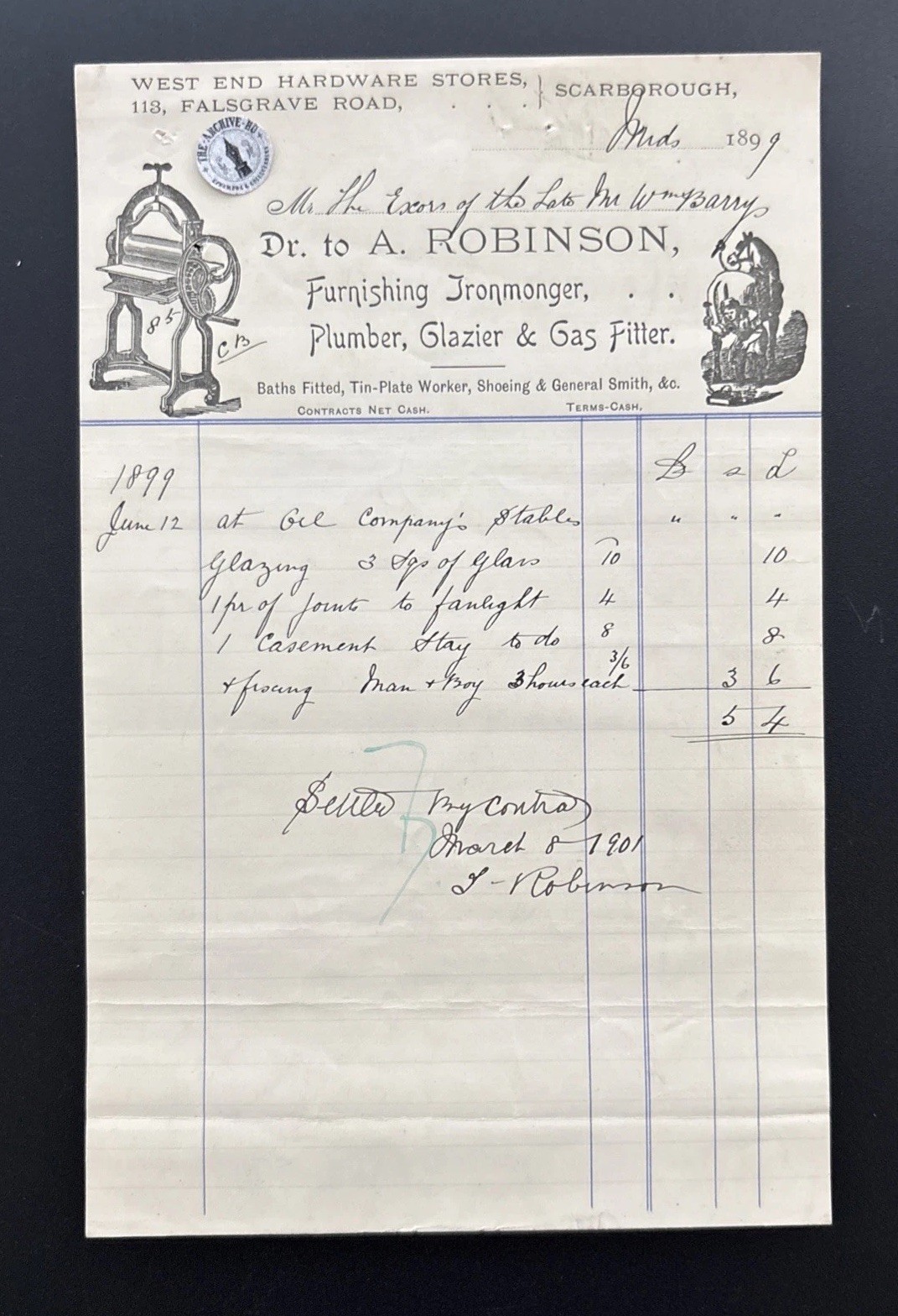 1899 A. Robinson Scarborough Furnishing Ironmonger Invoice Shop Receipt Antique