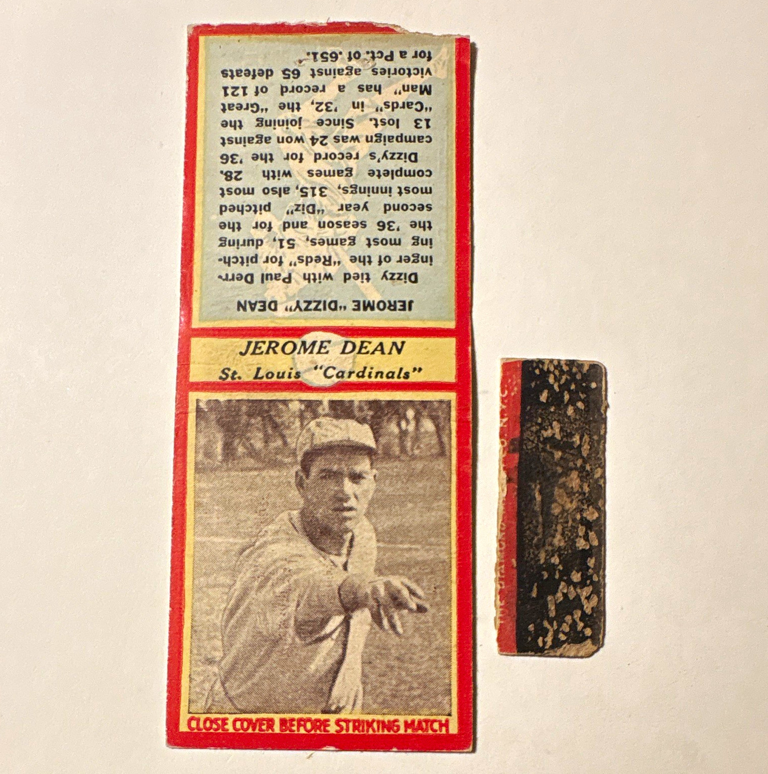 1935 BASEBALL MATCHBOOK JEROME DEAN DIZZY DEAN Oddball Poor Condition HOF