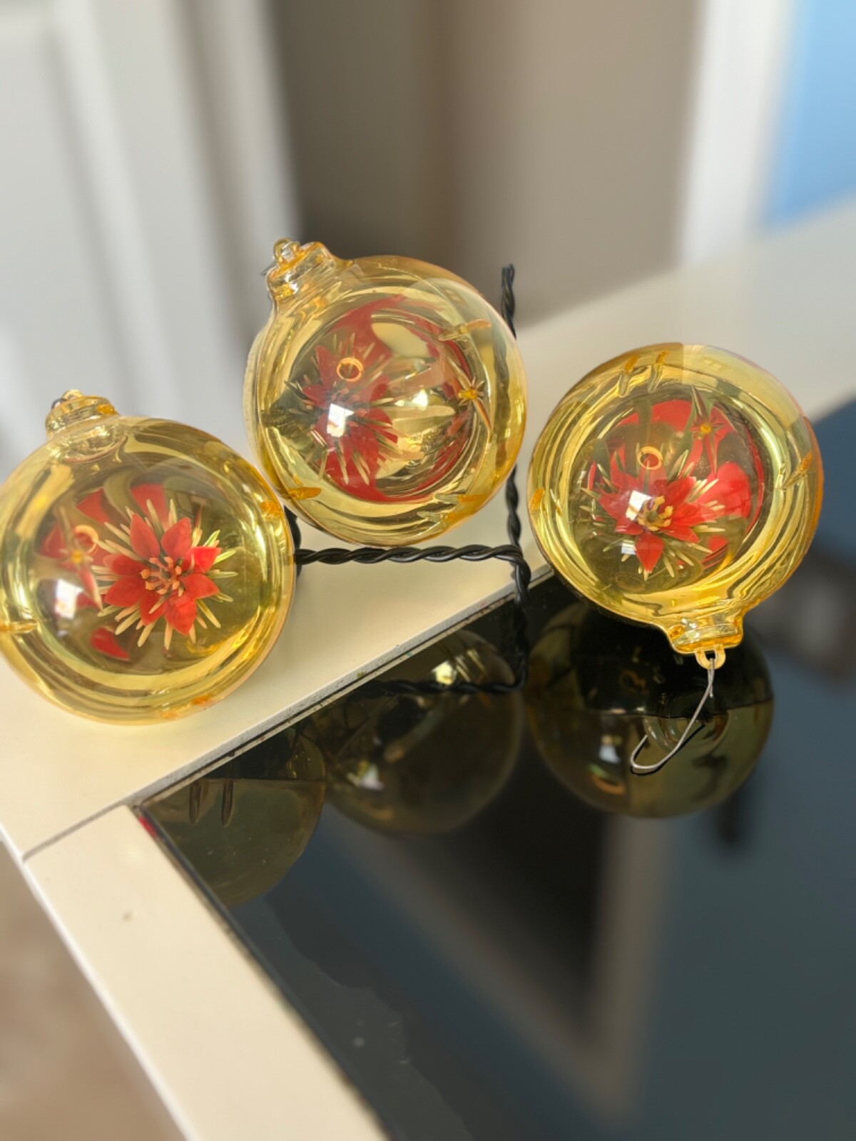 Vintage GOLDJewel Brite Plastic Flower Diorama Ball Christmas Ornaments Lot of 3