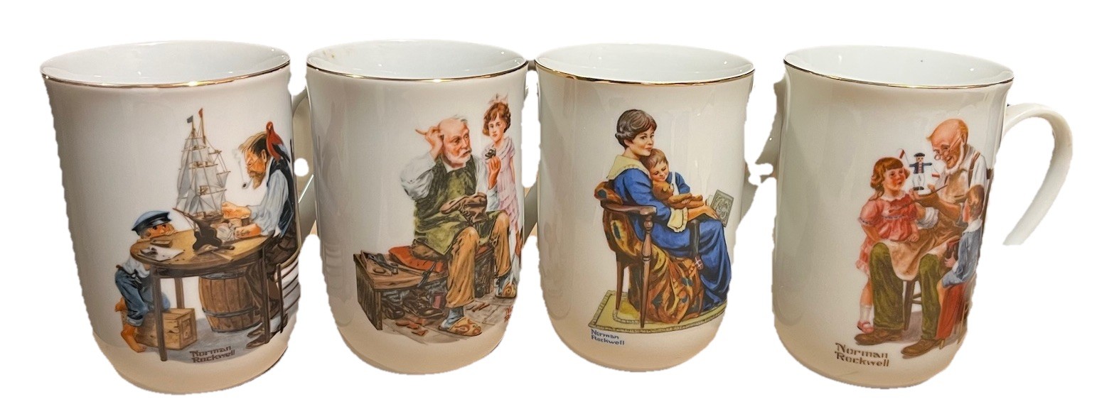 82-Norman Rockwell Museum Coffee Cups Set Of 4 Gold Trim Collectible Coffee Mugs