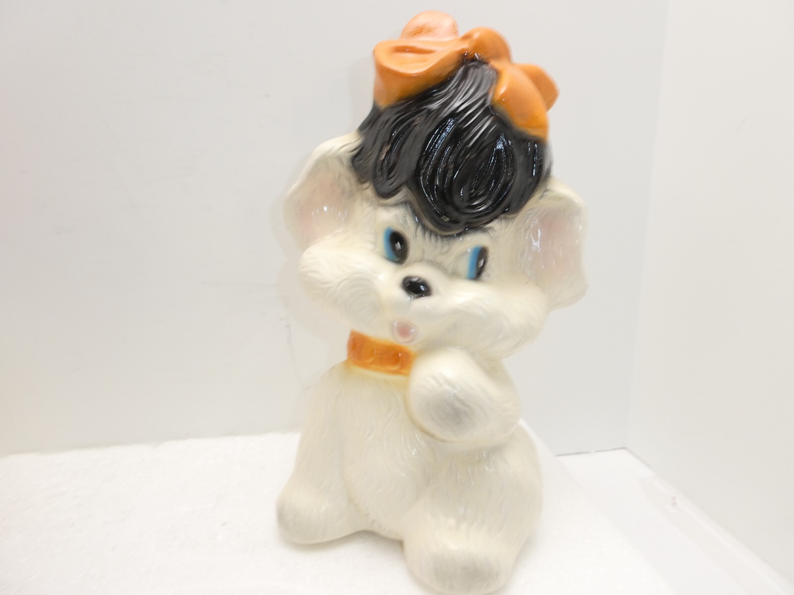 Vintage Bank Puppy with Bow Chalkware  Mexico Bank Dog Statue