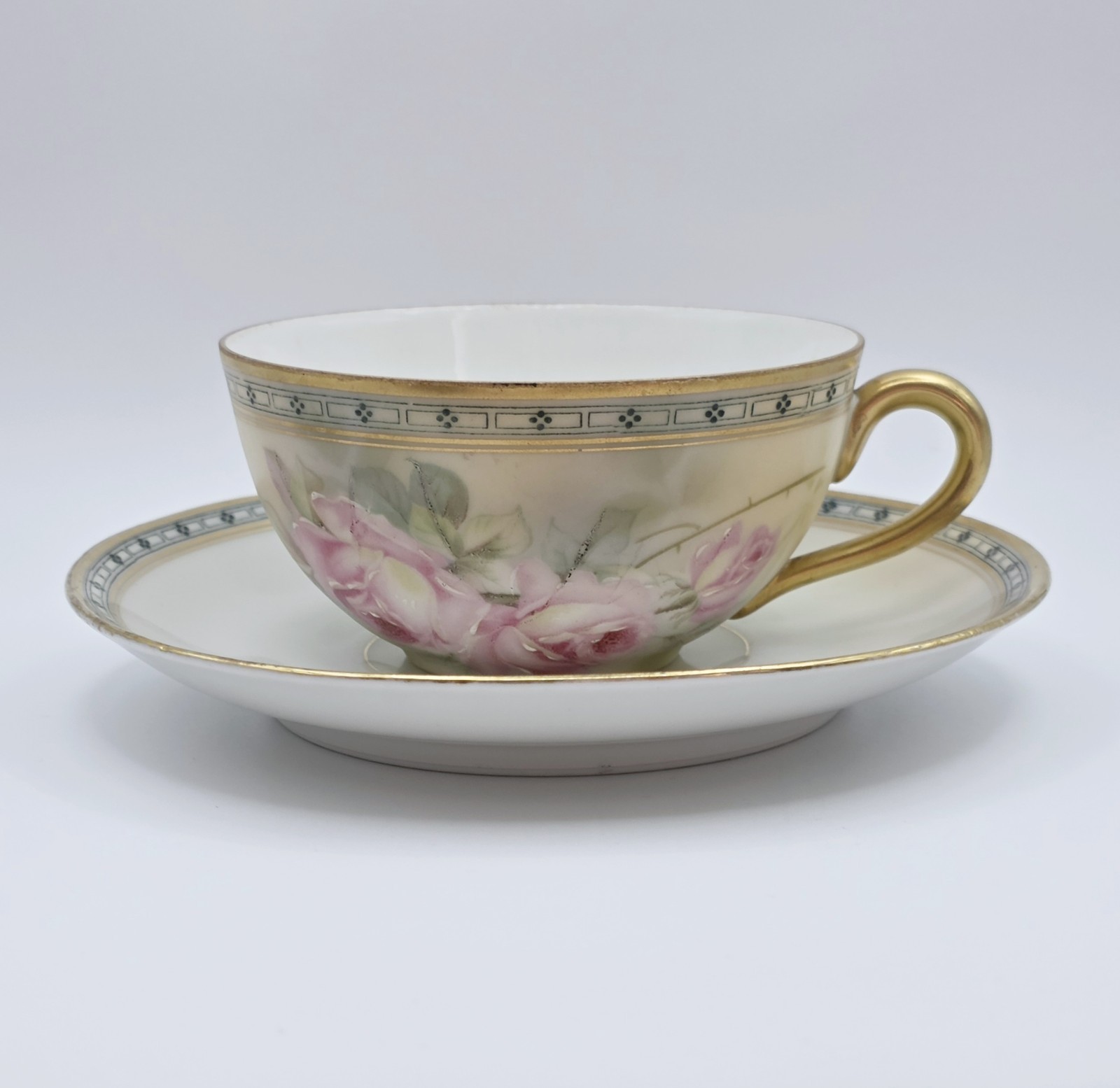 Antique JSV Germany Porcelain Teacup Saucer Set Hand Painted Pink Roses Gold Antique JSV Germany Porcelain Teacup Saucer Set Hand Painted Pink Roses Gold