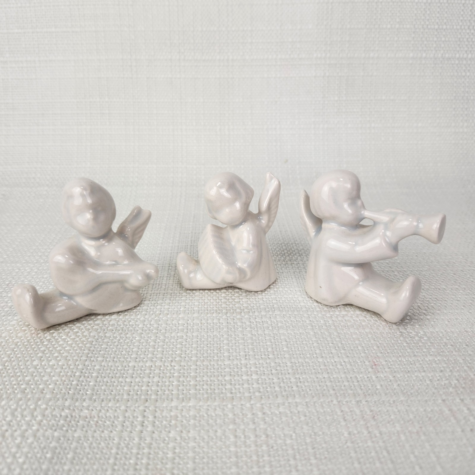 Set Of 3 Vintage White Angel Cherub Porcelain Figurines Playing Instruments 