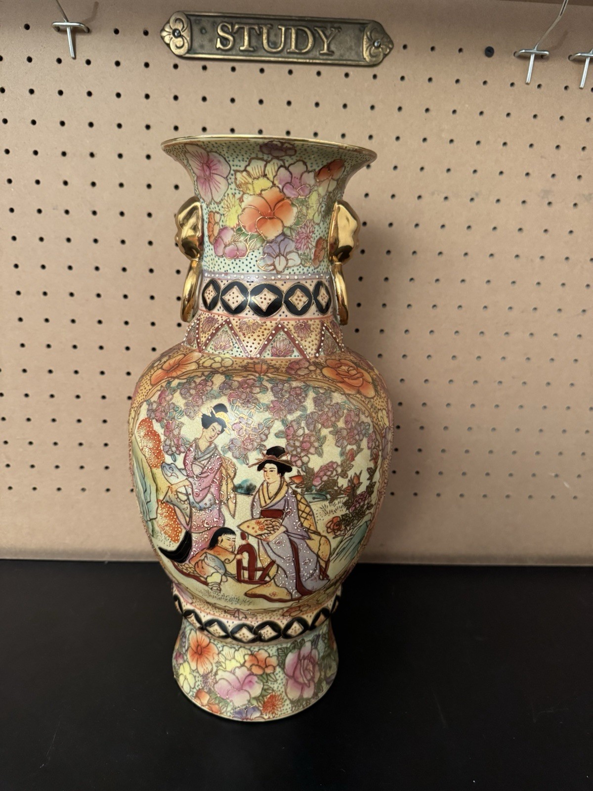 Vintage Large Oriental Floral Vase Hand Painted Raised Figural Scene 16