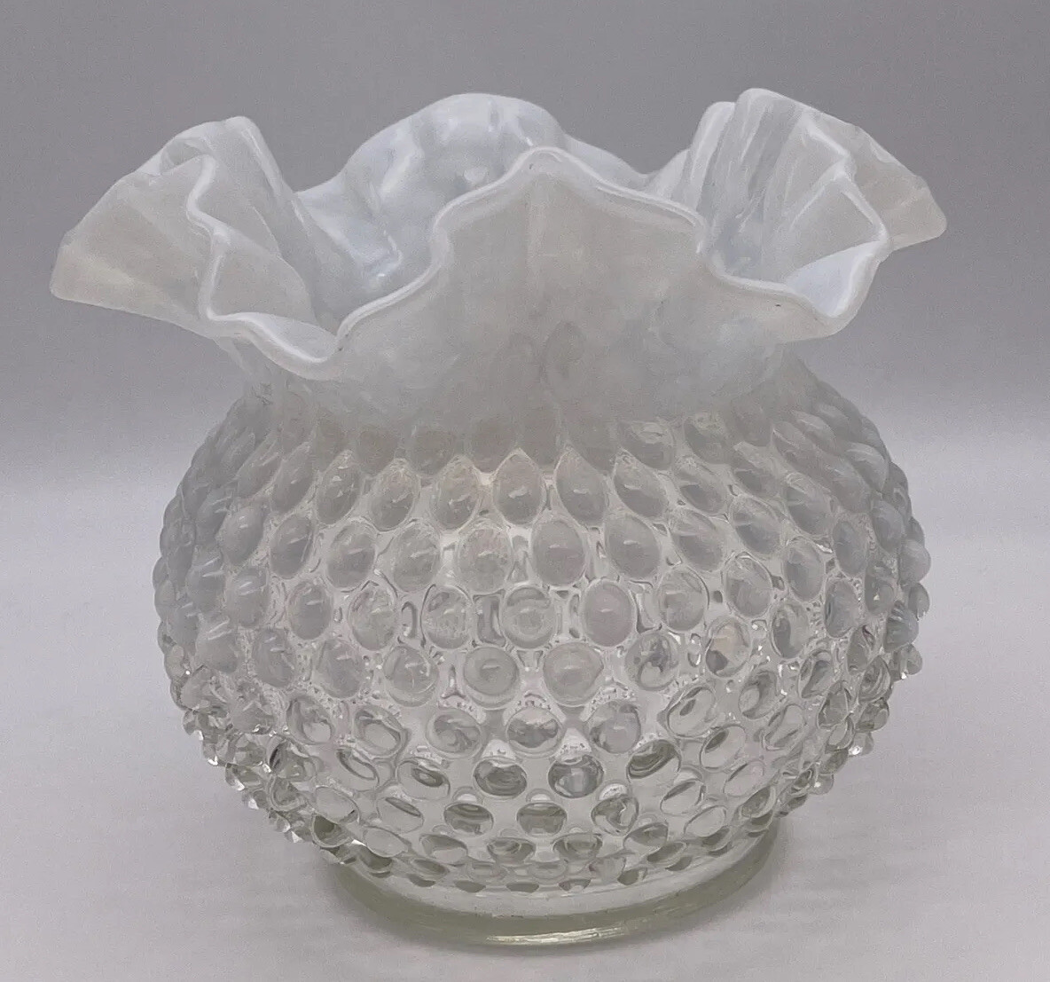 Vintage Fenton Opalescent Moonstone Hobnail Ruffled Rose Bowl Vase 5.5\ Vintage Fenton Opalescent Moonstone Hobnail Ruffled Rose Bowl Vase 5.5\