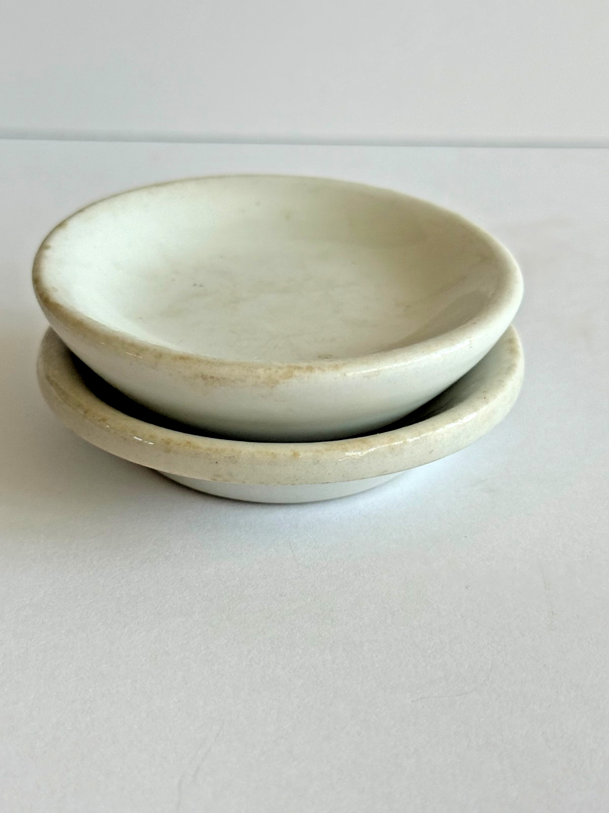 Set of 2 Antique White Ironstone Butter Pats SUPER CHUNKY 3 Inch Farmhouse