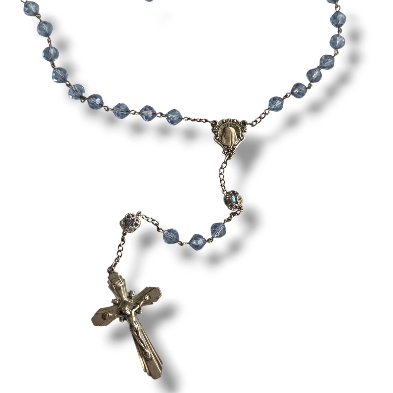 Vintage Alfredo Pieroni Italy Sterling Silver Blue Glass Bead Rosary Crucifix AP