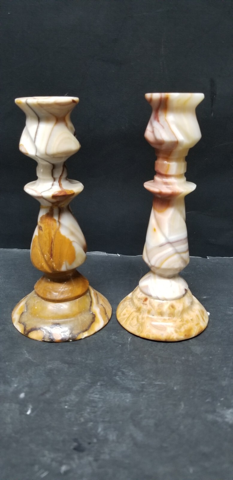 2 ALABASTER STONE CARAMEL CREAM TAPERED CANDLESTICK HOLDERS 6\