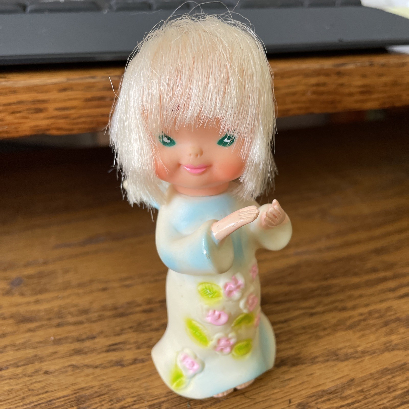 Vintage Kitschy Angel Ornament Doll Pink Blue Flowers On Dress Korea