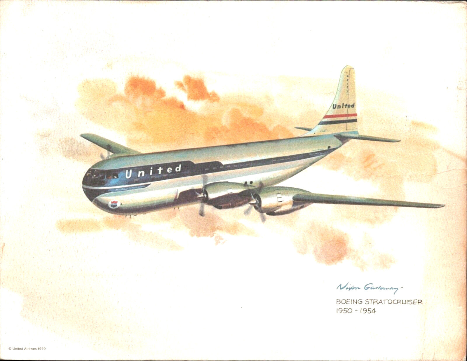 1979 UNITED AIRLINES BOEING STRATOCRUISER 377 (1950-1954) vtg airplane art print