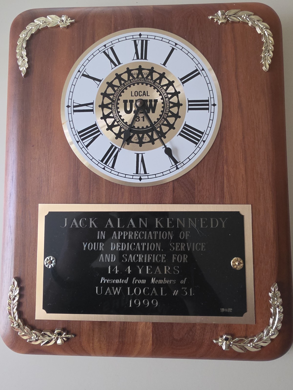 Vintage UAW Local 31 Retirement Clock Plaque- Tested Works