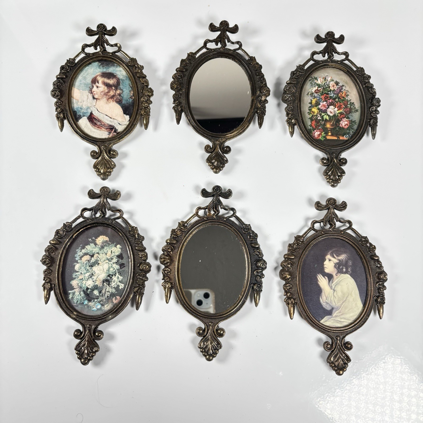 Vintage 6 Italian Ornate Metal Framed Wall Set Mirrored Floral Print