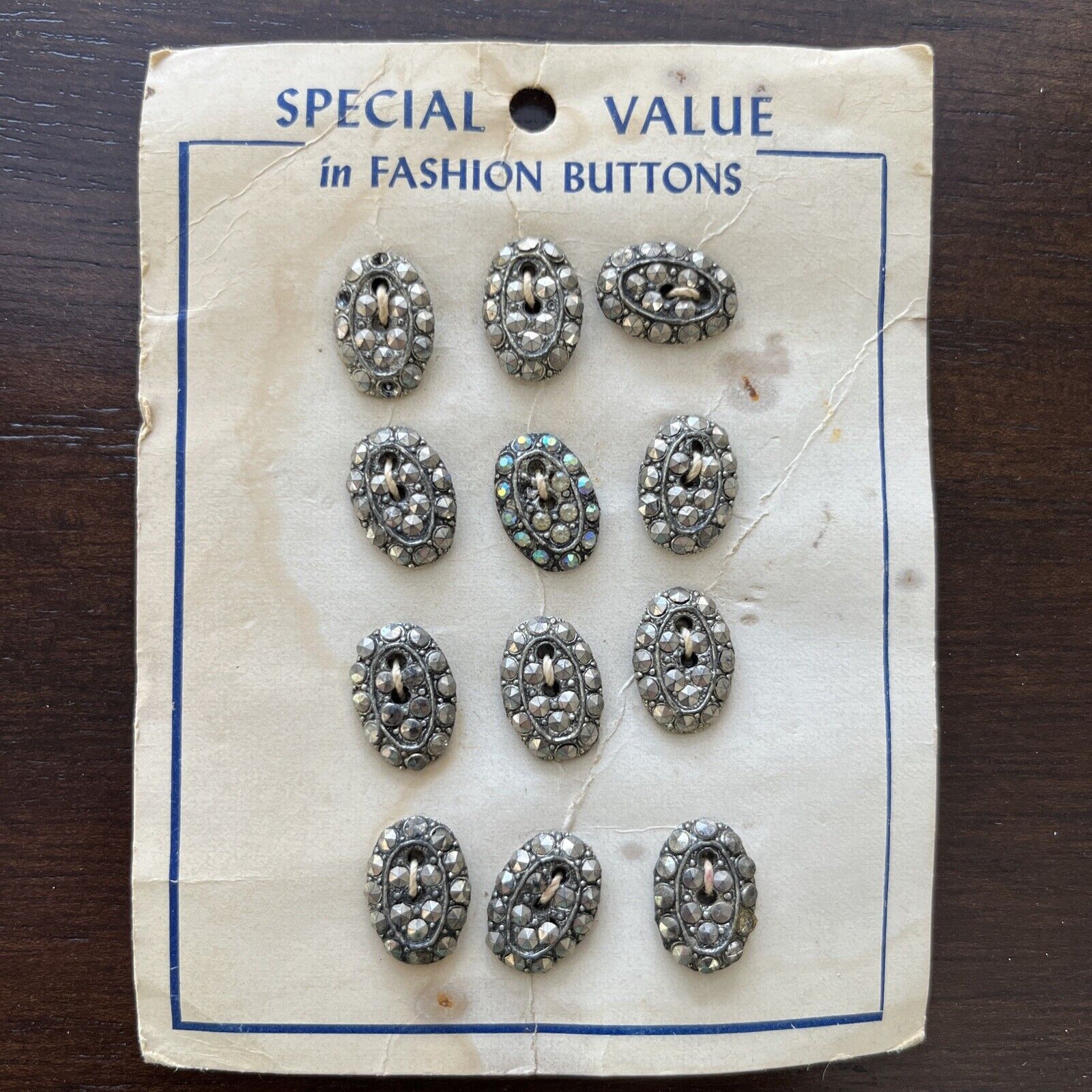 12 Vintage Fashion Shiny Oval Buttons Special Value on Card Cut Rhinestone Style