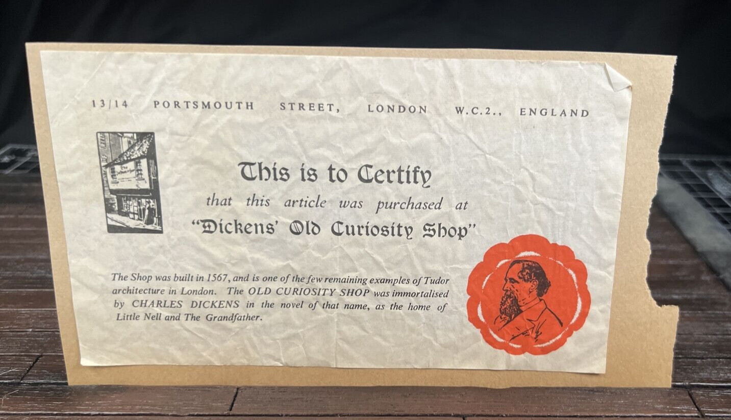 1960s Charles Dickens Old Curiosity Shop Certificate Portsmouth London Mounted