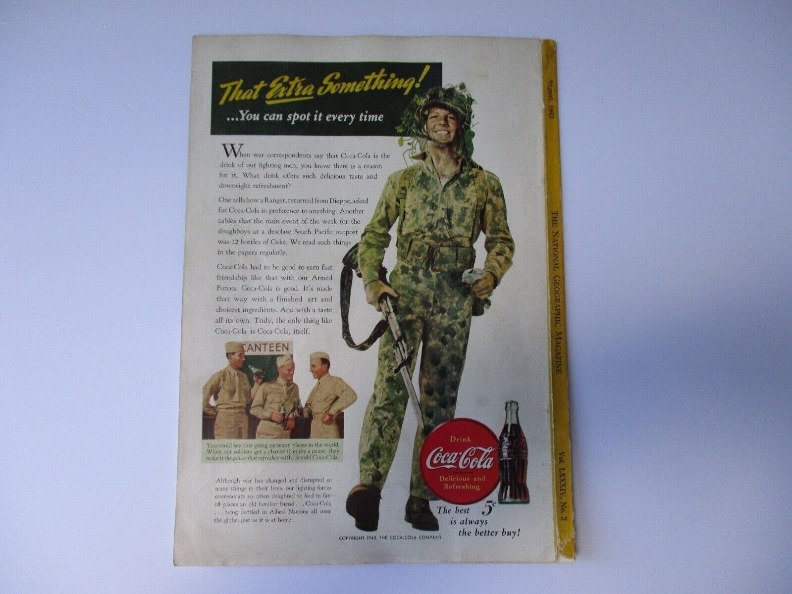 WWII Home Front Coca Cola Ad US Army Ranger in Camouflage National Geo 1943 WW2