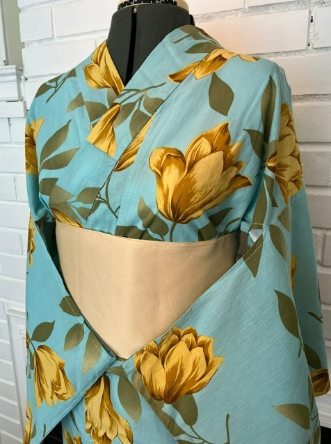 Japanese Vintage Yukata – Turquoise Blue with Golden Tulip Print, Women\'s yukata