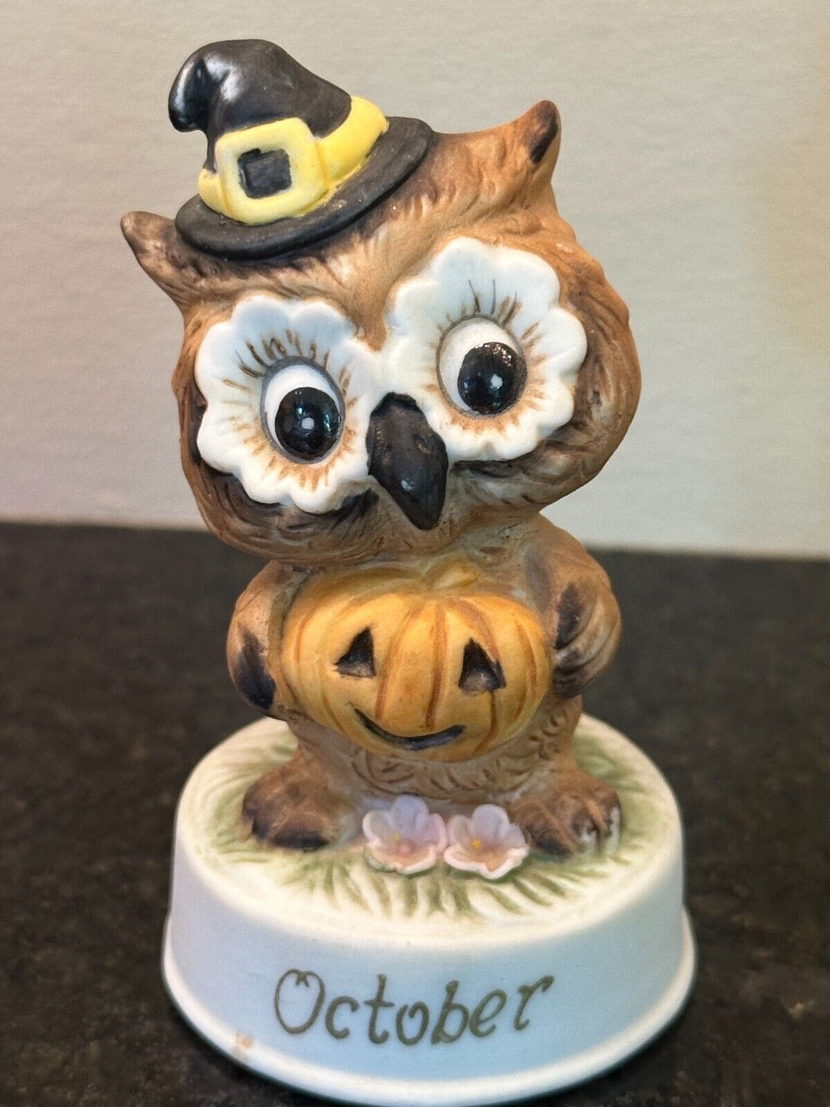 Napco Ceramic Owl Figurine October - Witch\'s Hat - Pumpkin - Vintage  3.5” Tall
