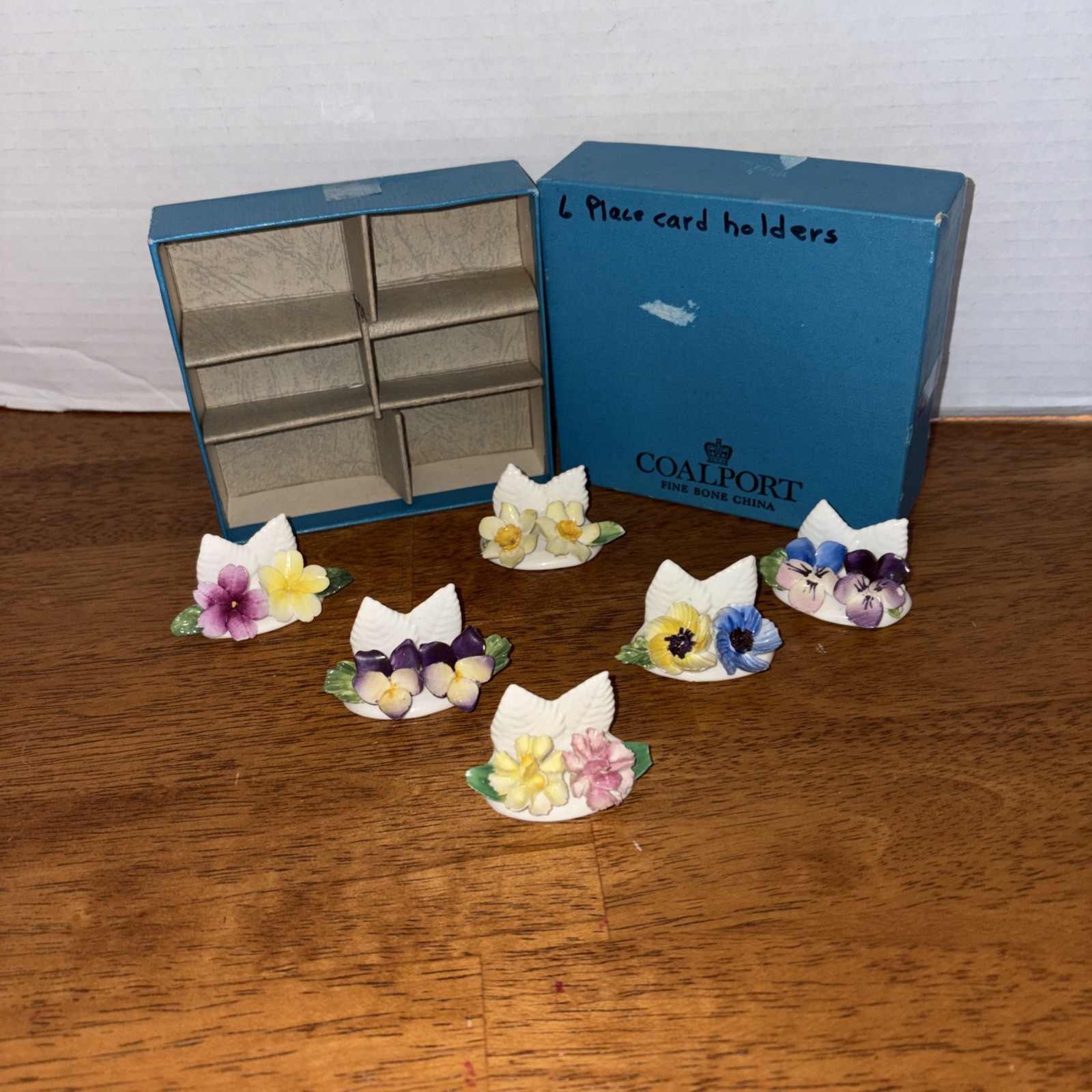 Coalport Fine Bone China Floral Place Card Holders Set of 6 w/ Original Box
