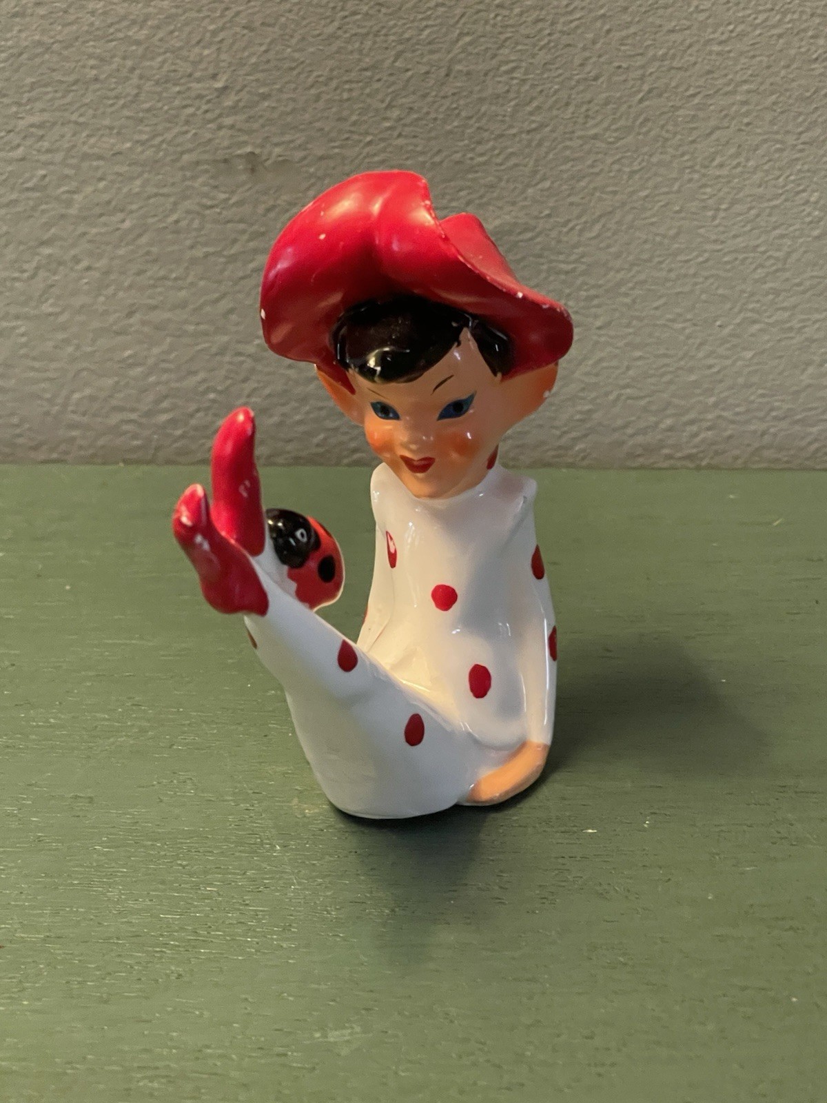 Vintage Ceramic 50\'s Pixie Elf Figurine Red and White Polka Dots w/ Lady Bug