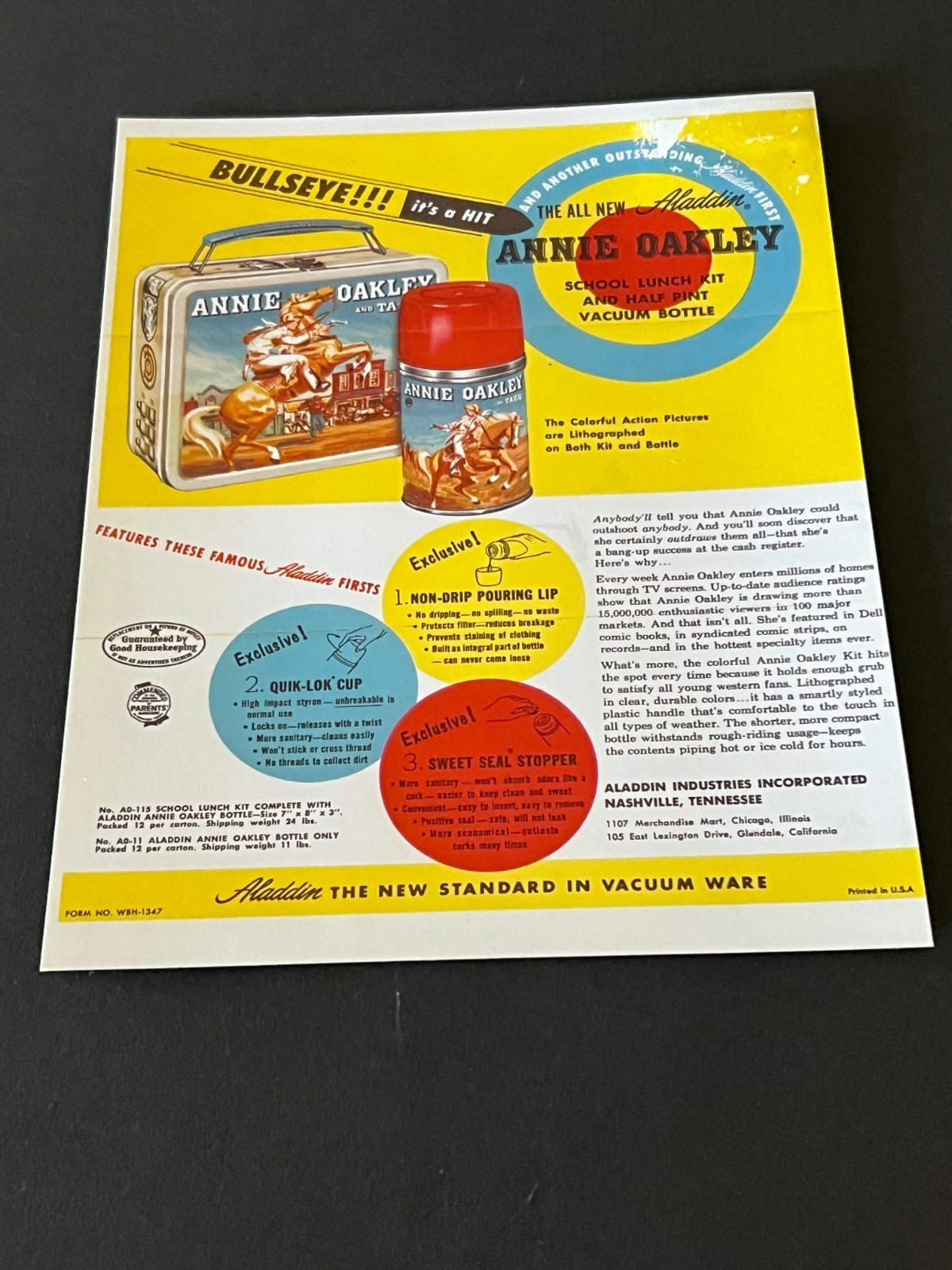 1955 Aladdin Annie Oakley School Luch Kit In store Display Sign--great cond. 1955 Aladdin Annie Oakley School Luch Kit In store Display Sign--great cond.