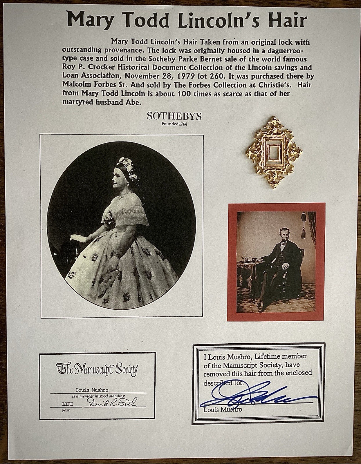 Hair Mary Todd Lincoln Abraham First Lady Authentic Relic Sotheby Forbes COA Old