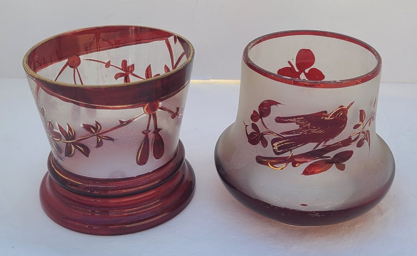 2 Vintage Bohemian Czech Style Flashed Ruby Red Frosted Glass Vase Bird Motif