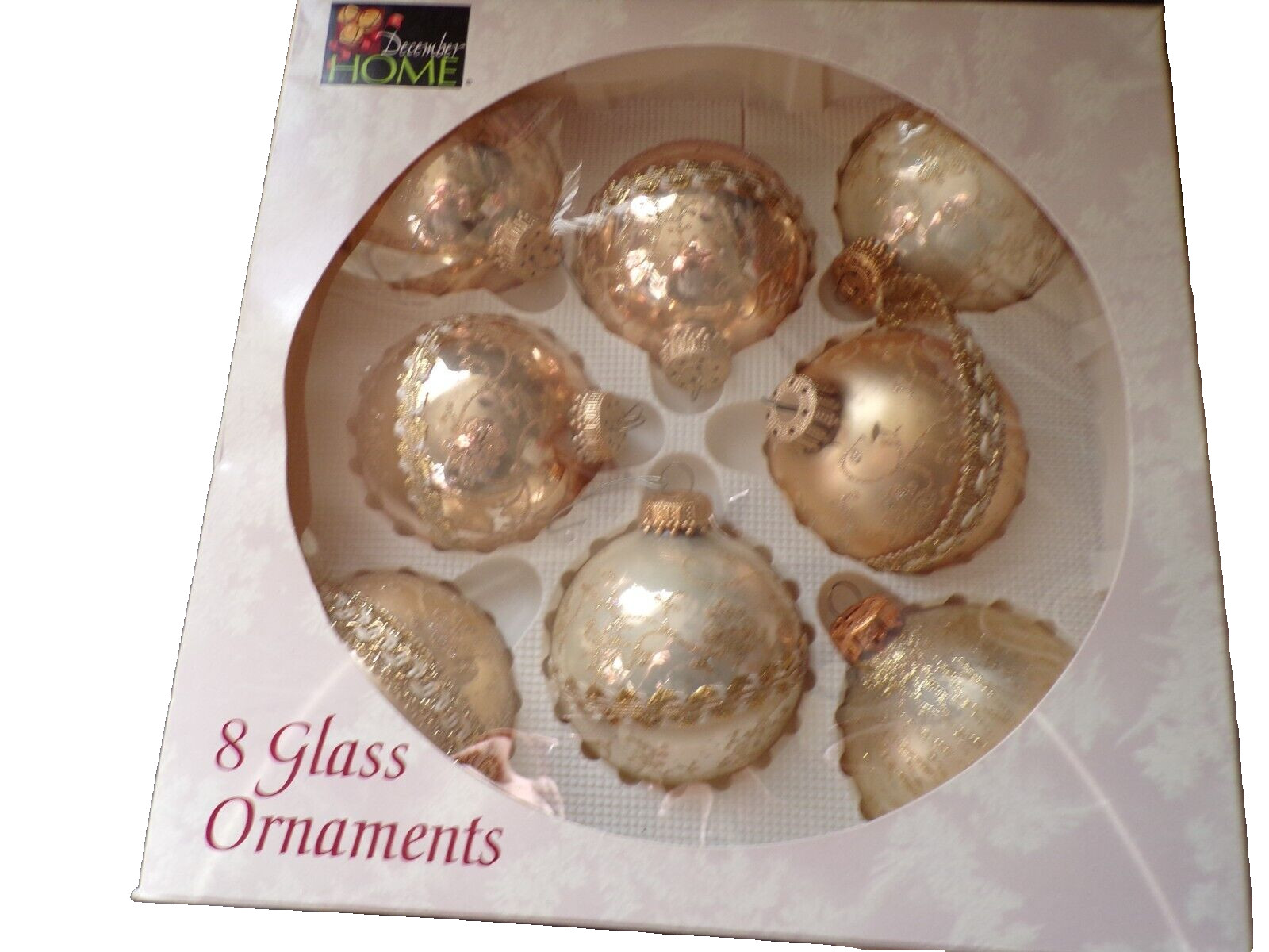 1997-99 December Home 8 glass Ornaments Gold Glitter Original Box Dsk