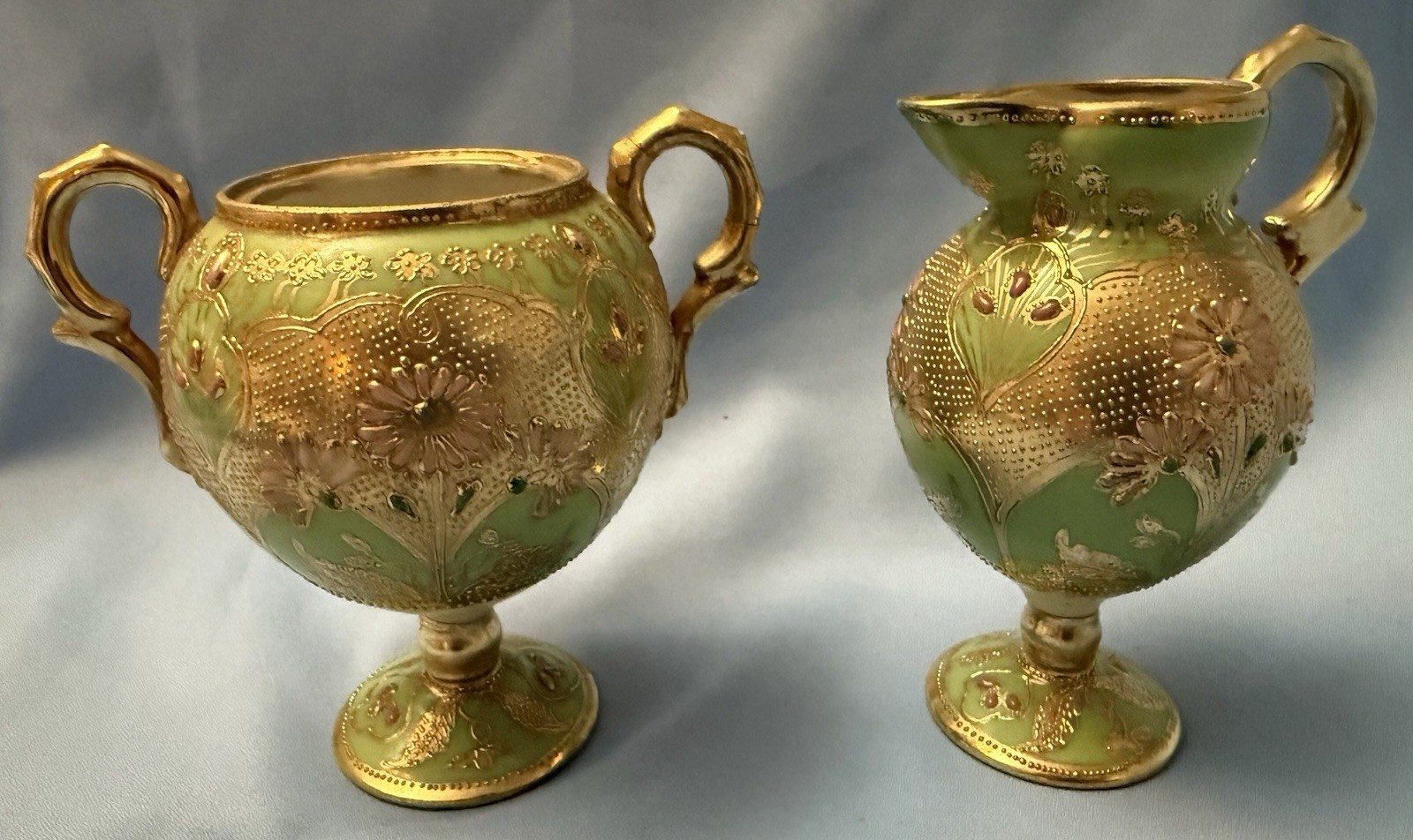 Antique Nippon Creamer Sugar Set Apple Green Gold Moriage Hand Painted