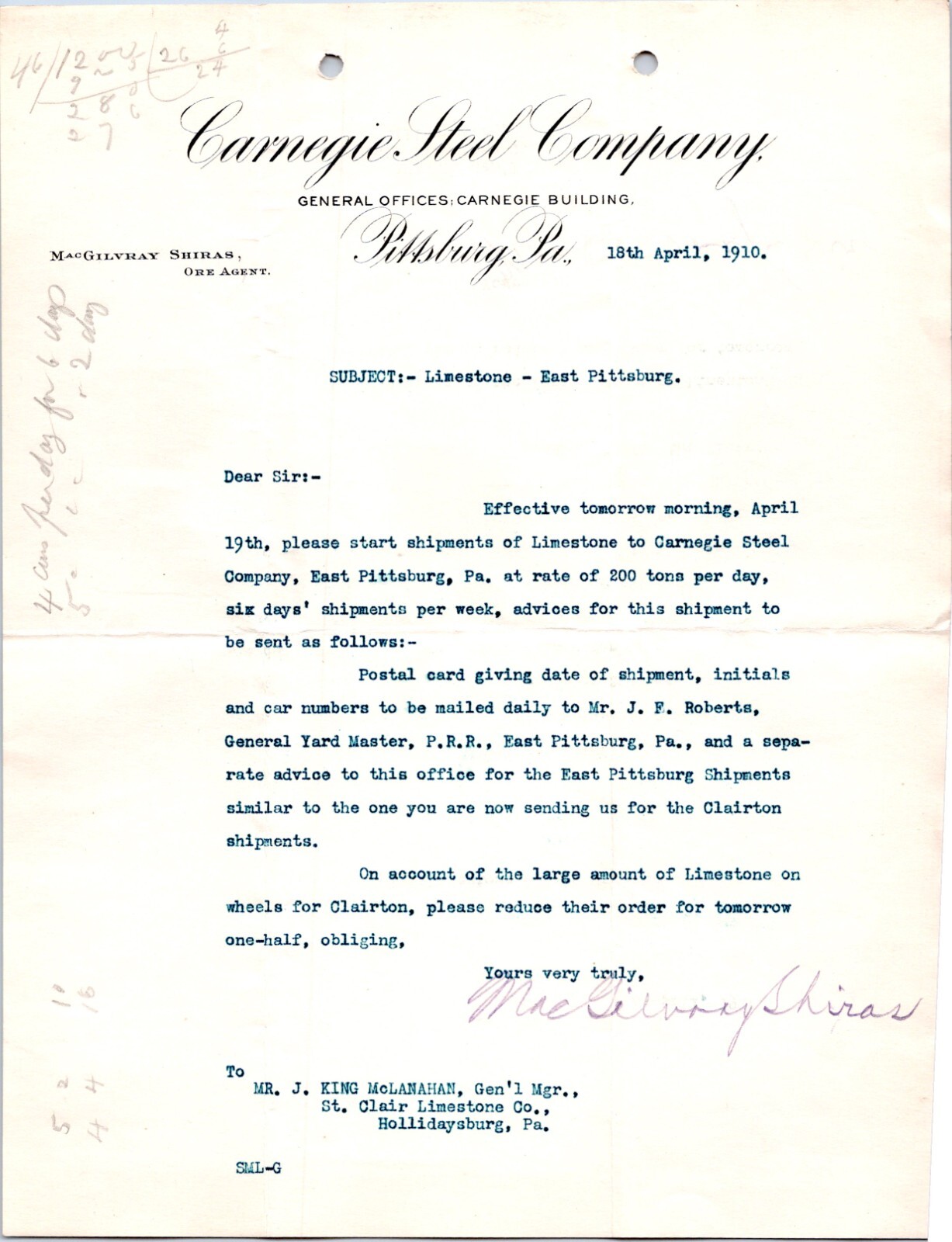 1910 letterhead Carnegie Steel Co Pittsburgh PA signed MacGilvray Shiras Ore Age