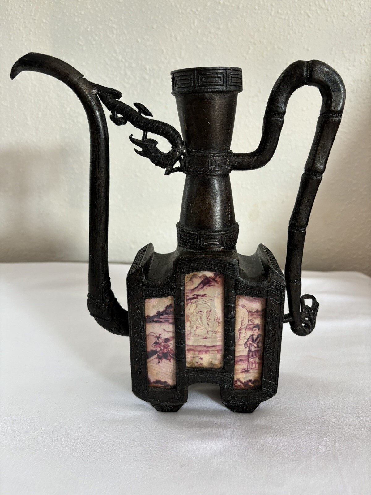 CHINESE CAST IRON URN TEAPOT 6 HAND PAINTED GLASS PANELS