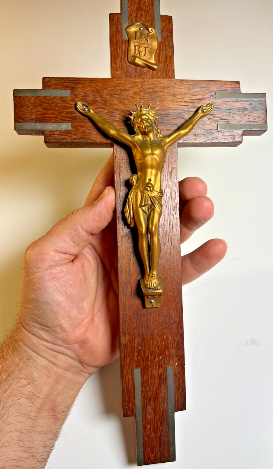 Antique French Art Deco Crucifix Hardwood Metal Inlay Jesus Cross c1930 1930s