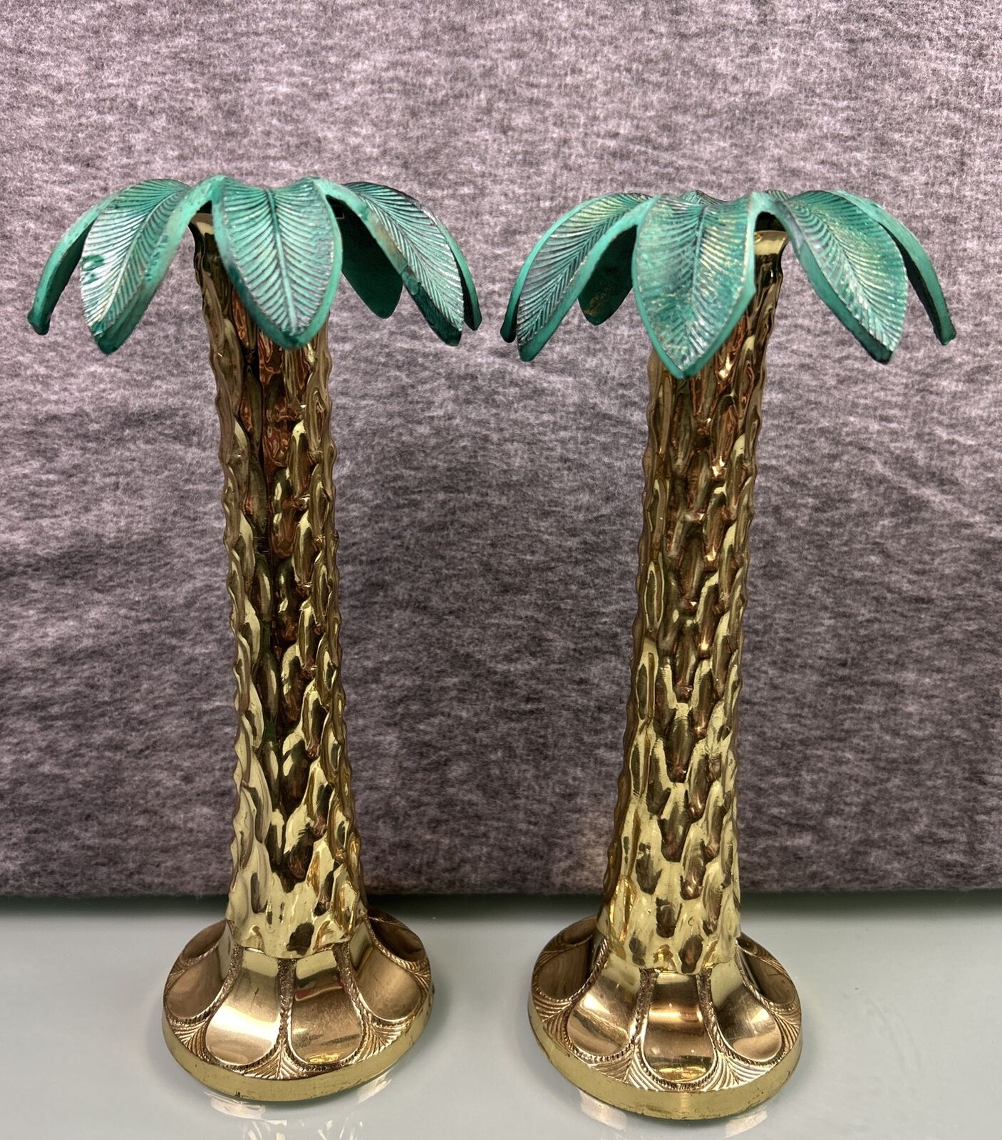 Vintage Hollywood Regency Brass Palm Tree Candlesticks Candle Holders 11\