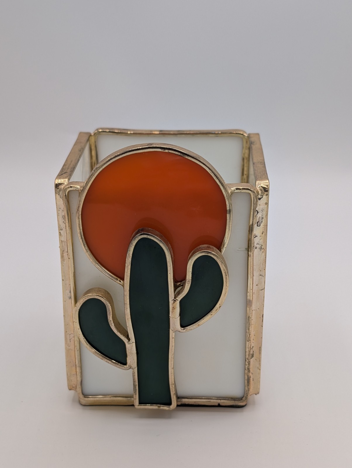 Vintage Retro Stained Glass Cactus Candle Holder Desert Sunset Southwestern Boho