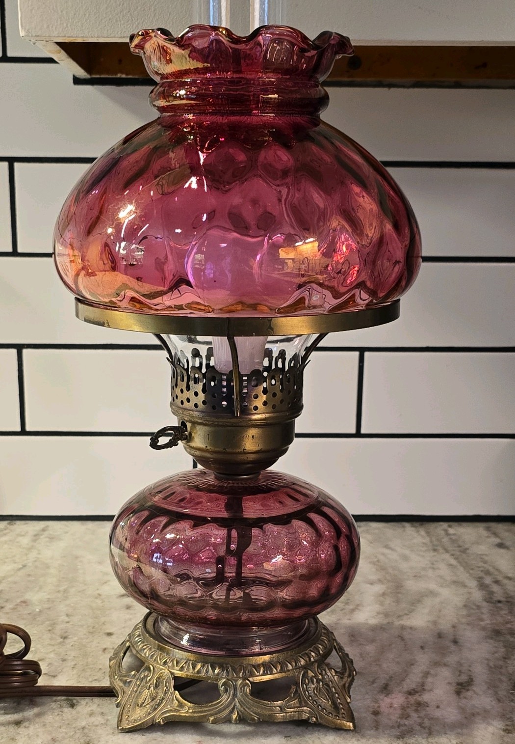 Vtg Cranberry Glass Hurricane Gone With The Wind Lamp Victorian Antique Pink
