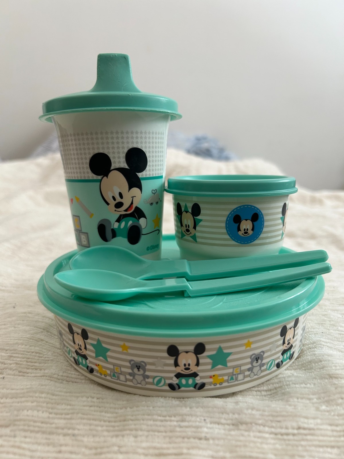 Tupperware Baby Mickey 5 piece set (teal).  New Cond. (sippy cup slightly used)