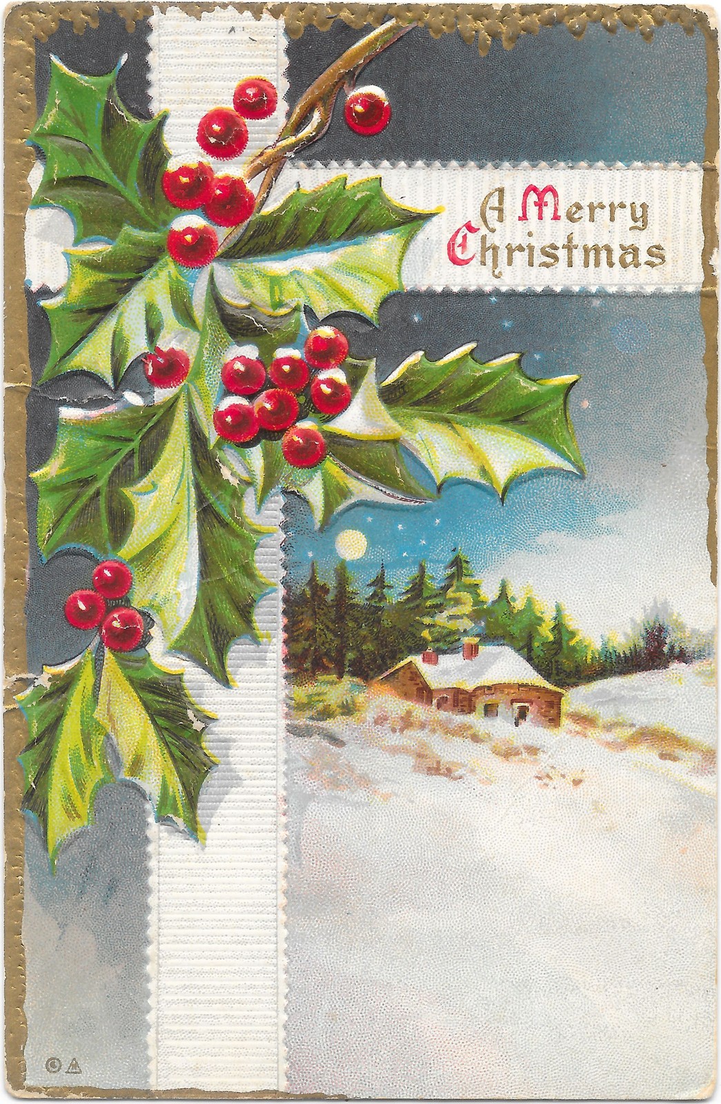 Antique E. Nash Christmas Postcard Holly Winter Cottage c1910 Embossed