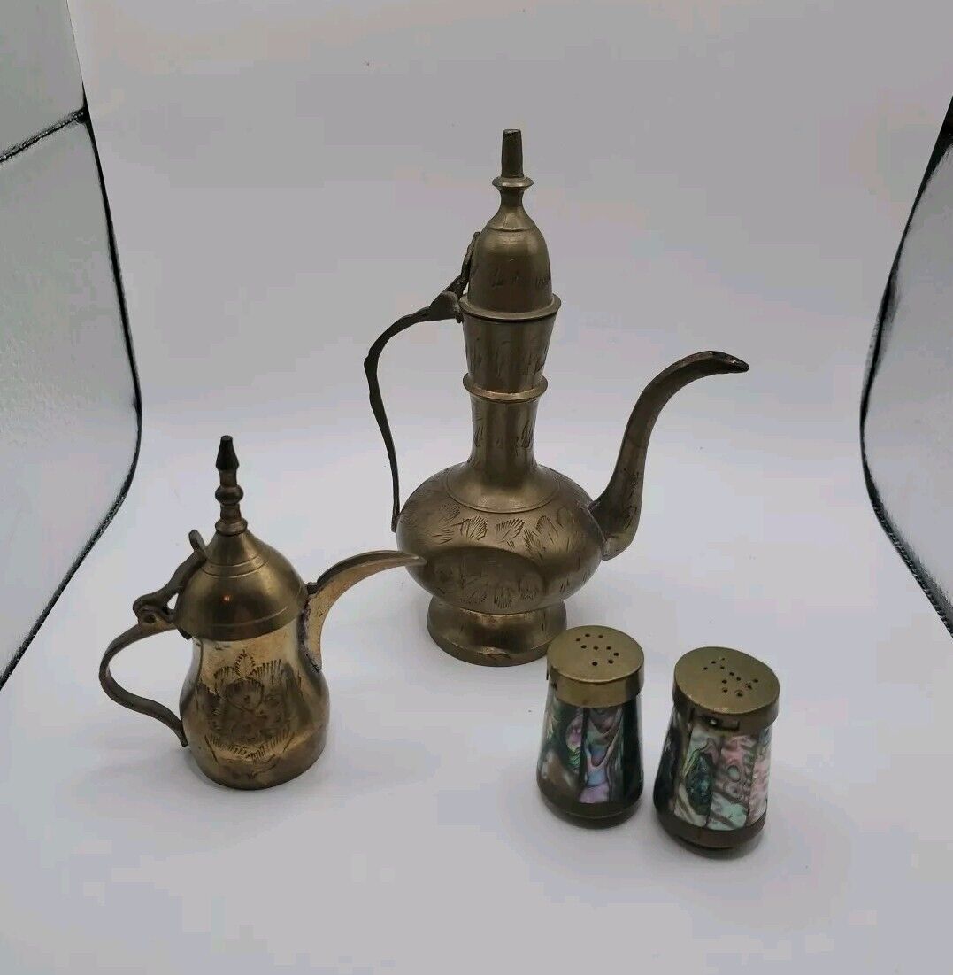 Vintage Brass Lot: Pitcher Genie Lamps, Mother of Pearl Salt and Pepper Shakers