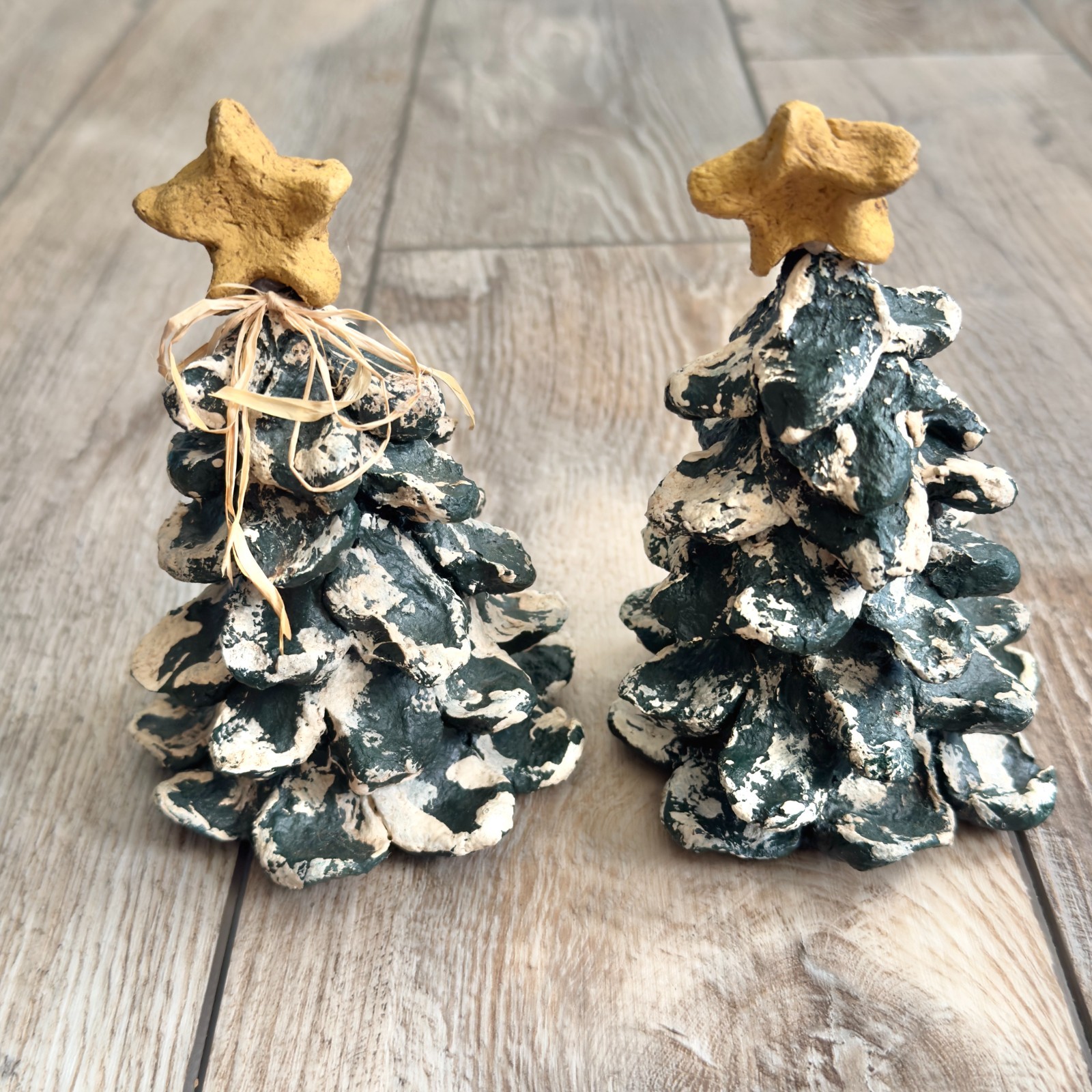 Vintage Paper Mache Christmas Tree Set Of 2 Folk Art Artist Signed Hand Painted