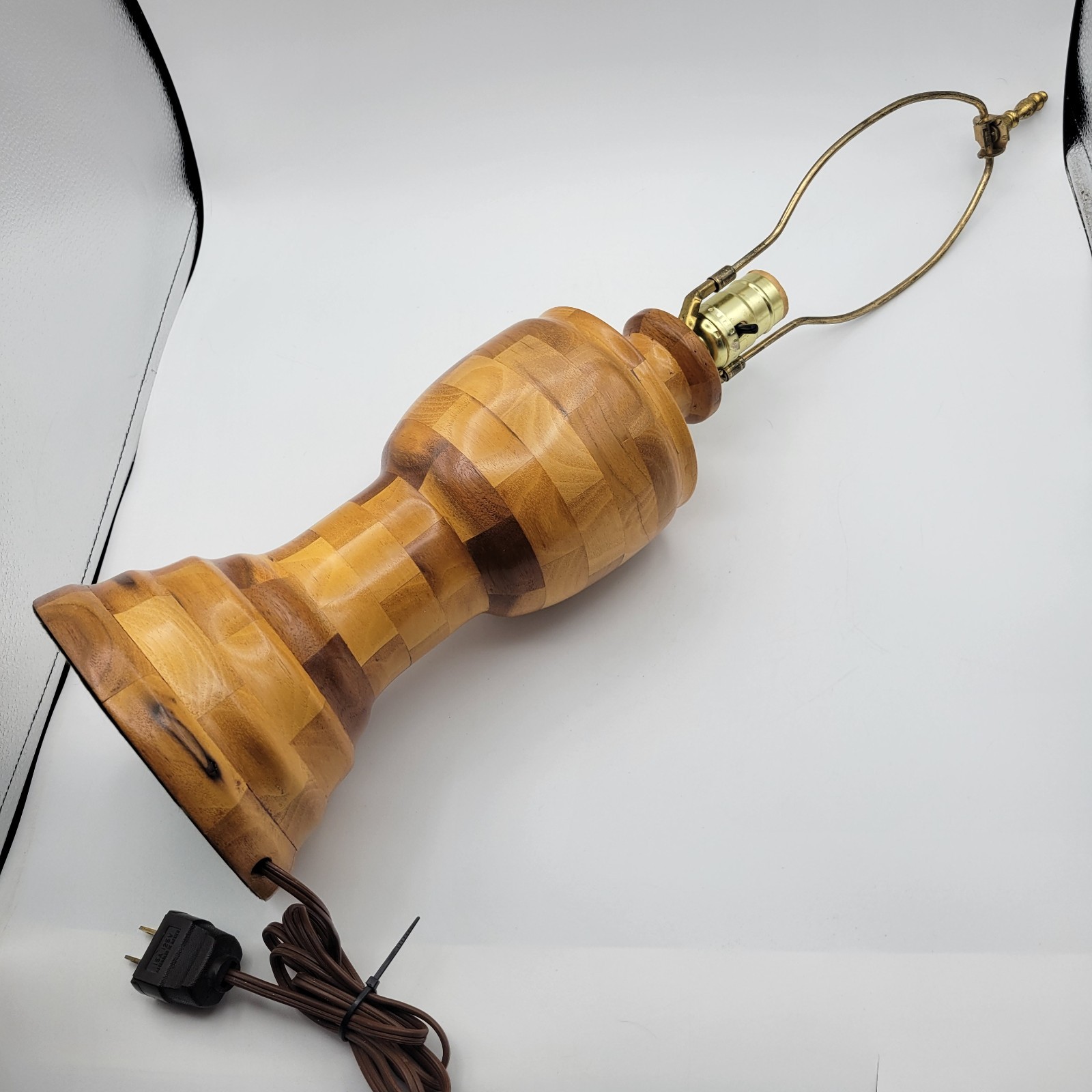 1970\'s Lamp Wood Turned Marquetry Block Mixed Woods Table Lamp OOAK Vintage