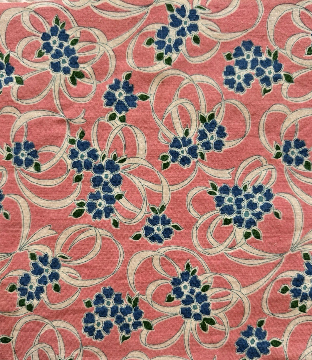 Vintage 1930\'s-40\'s feedsack fabric blue flowers on pink background 9x10\