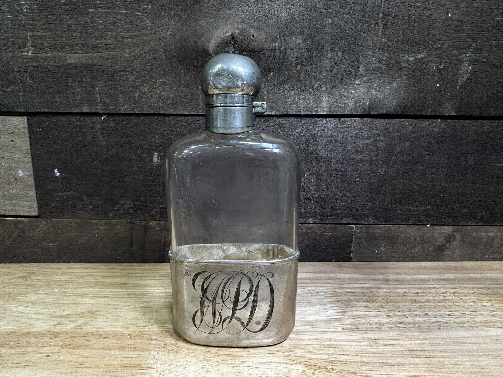 Antique Pennsylvania Railroad Sterling Silver Glass Flask CF RUMP & SONS