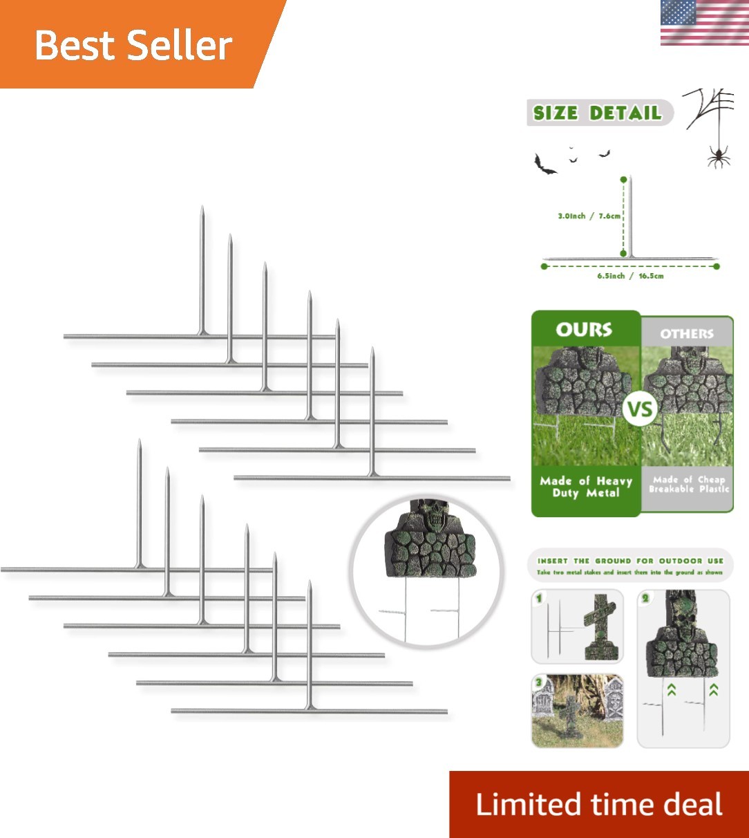 Multi-Purpose 24-Pack Metal Tombstone Stakes for Creepy Decor & Garden