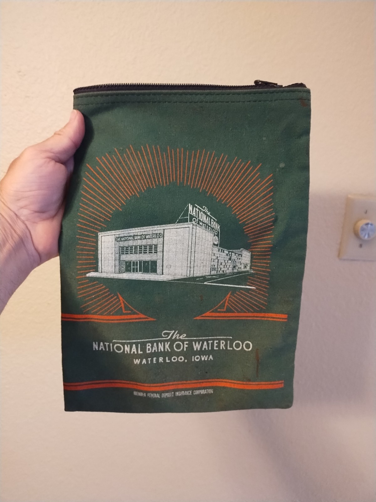 Vtg Cloth Canvas National Bank of Waterloo Iowa Deposit Bag Money Pouch Zipper