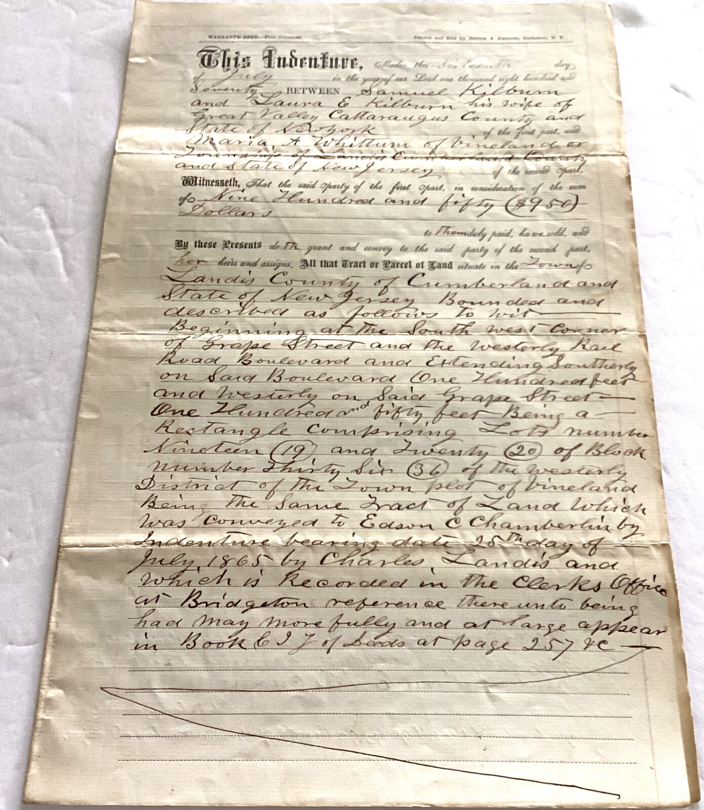 Indenture 1870 Samuel Laura E Kilburn Signed Cattaraugus NY Landis NJ Whittman