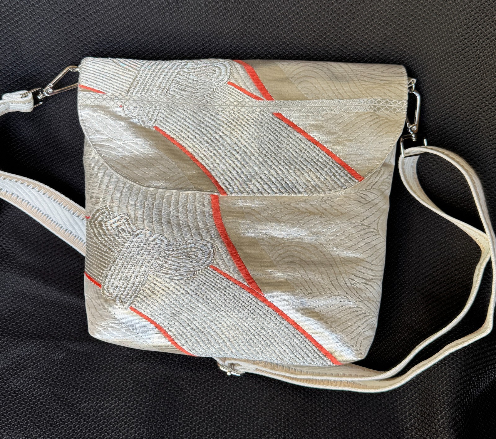 Beautiful Vintage Kimono Obi Shoulder Bag / Crossbody Bag, Silver Knots