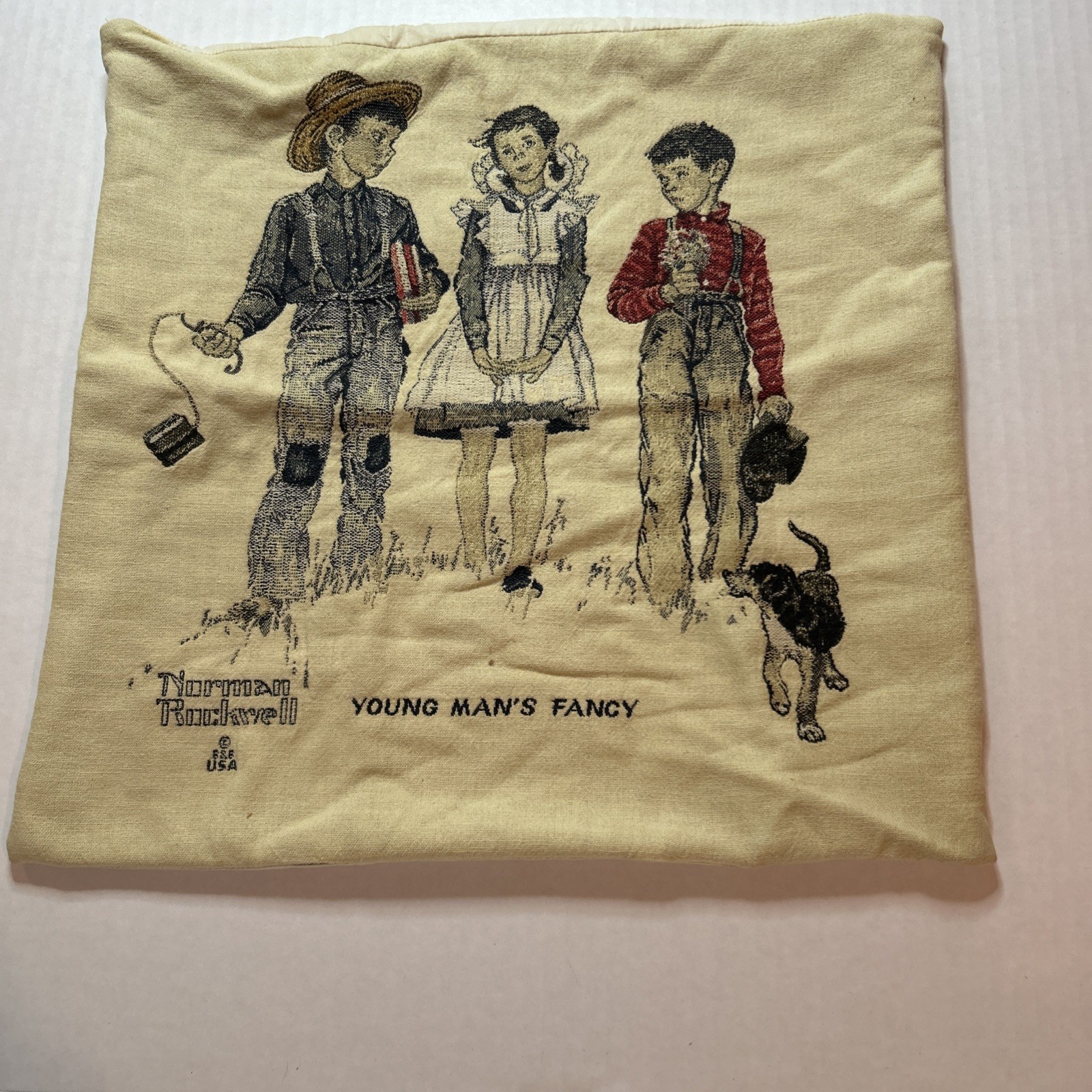 Vintage Norman Rockwell Pillow 2 Boys 1 Girl 1 Dog Young Man\'s Fancy